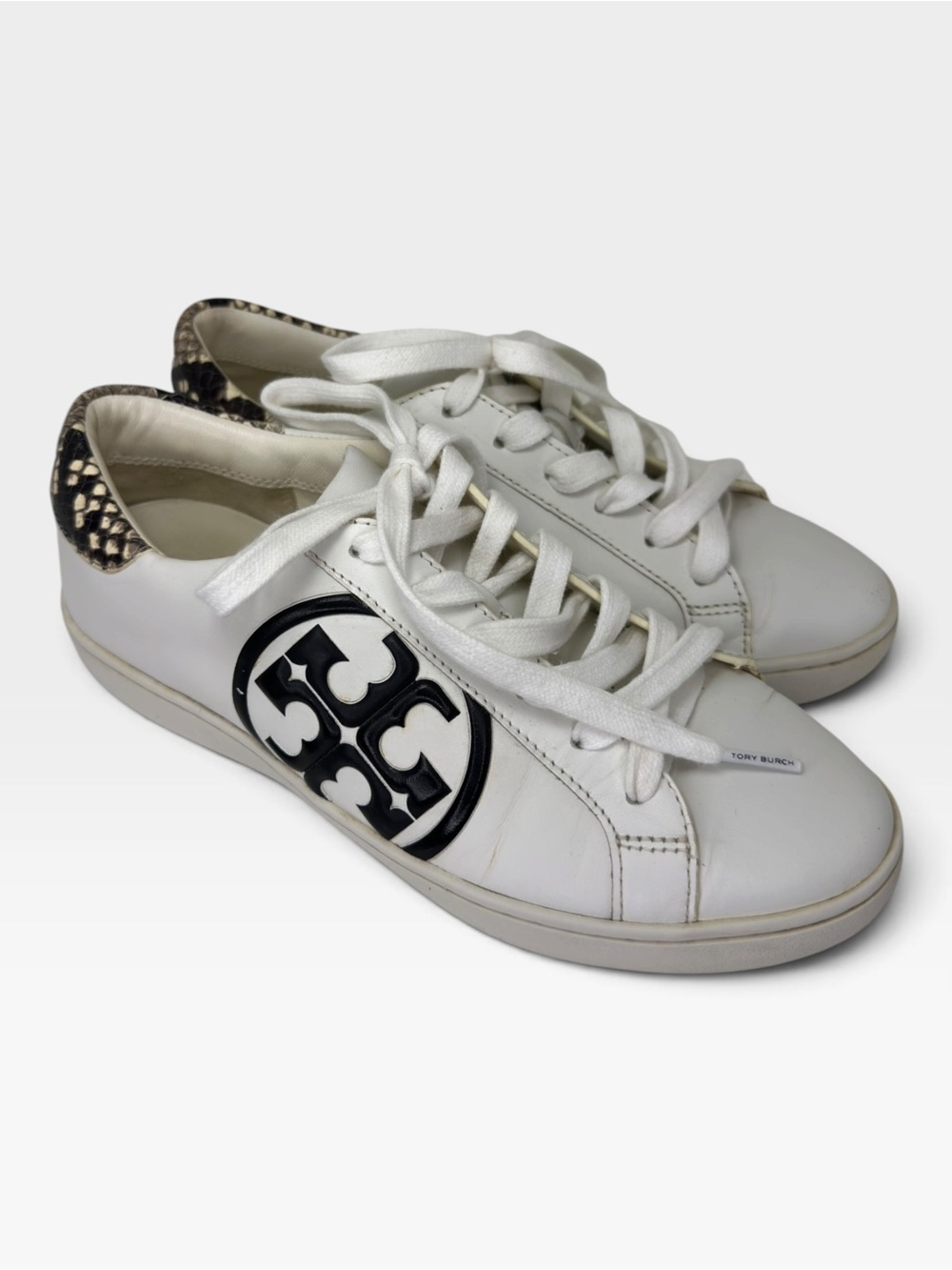 Tory Burch White Leather Logo Sneaker with Snake-Print Heel SIZE 6.5 W